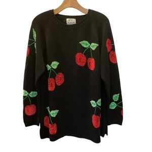 The Quacker Factory Cherry Knit Sweater Black Red Plus Size 1X Vintage Style